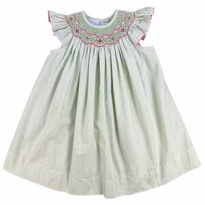 BOW PEEP Baby Girl Green and Pink Gingham Smocked and Embroidered Dress- 12M